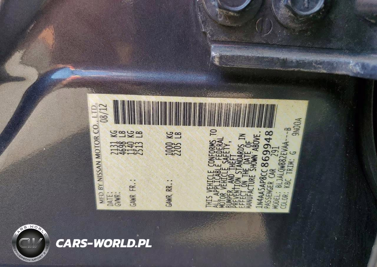 2012 Nissan Maxima 3.5 S VIN:1N4AA5AP8CC869948 - 12