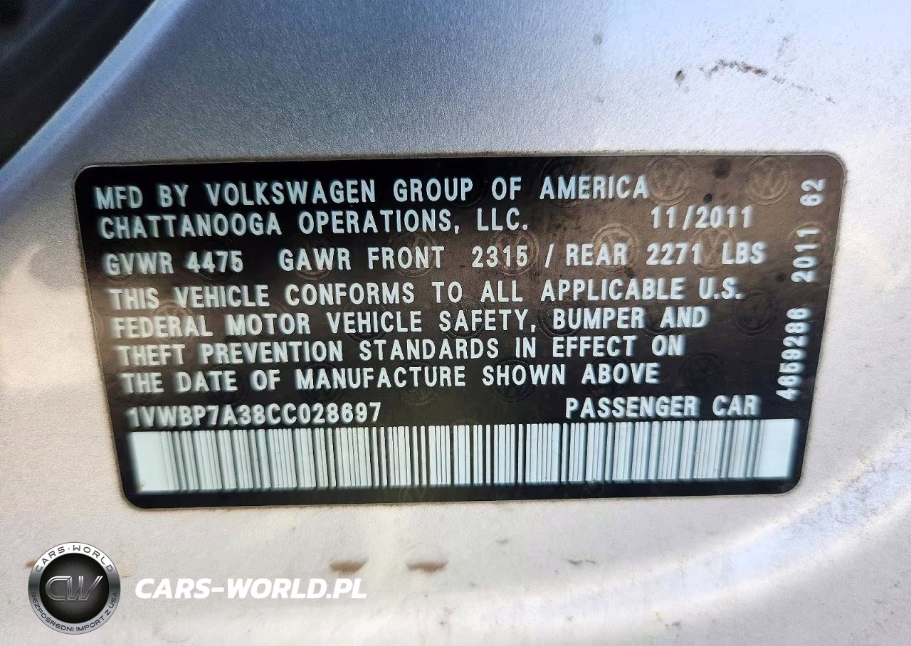 2012 Volkswagen Passat Se VIN:1VWBP7A38CC028697 - 12