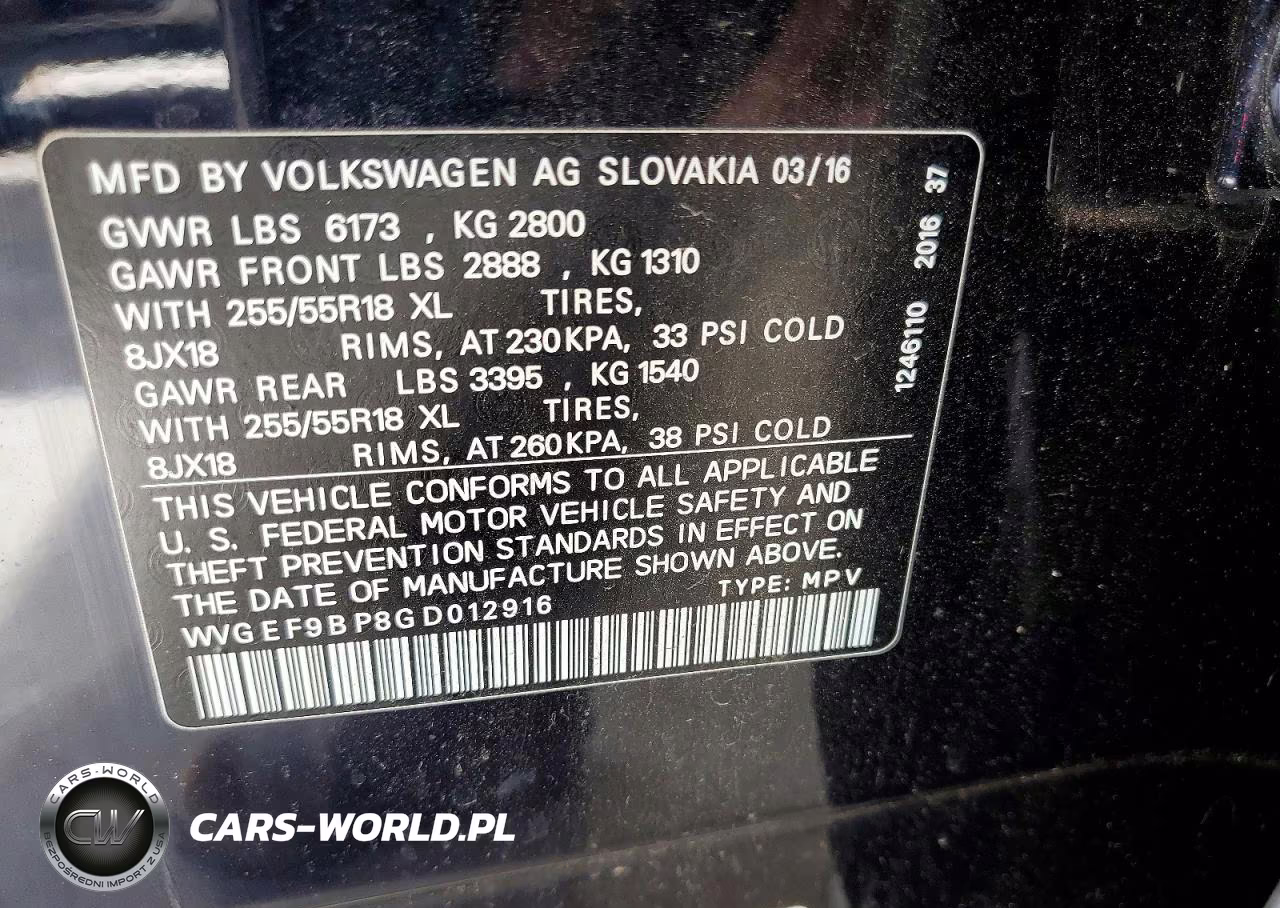 2016 Volkswagen Touareg Sport VIN:WVGEF9BP8GD012916 - 13