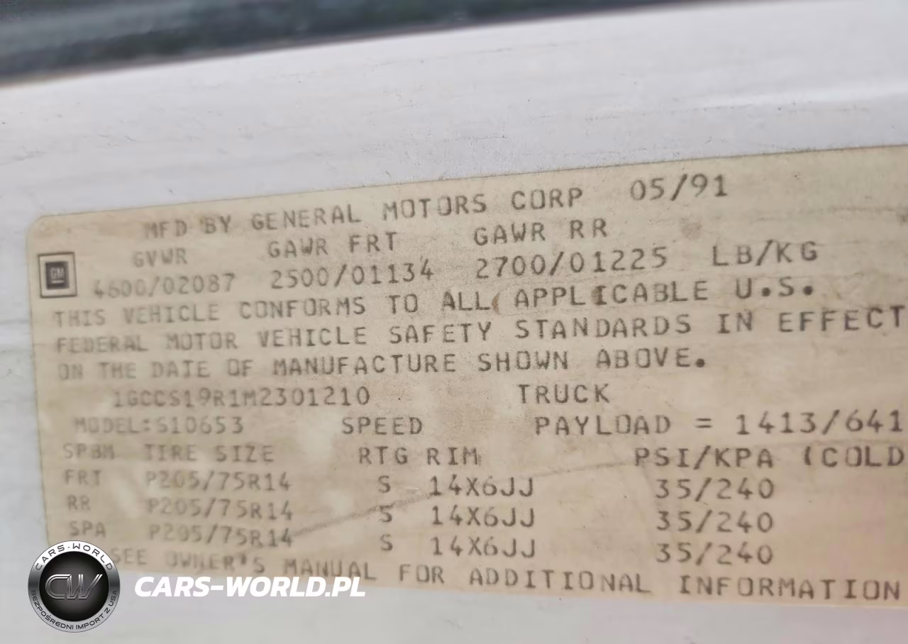 1991 Chevrolet S Truck S10 VIN:1GCCS19R1M2301210 - 12