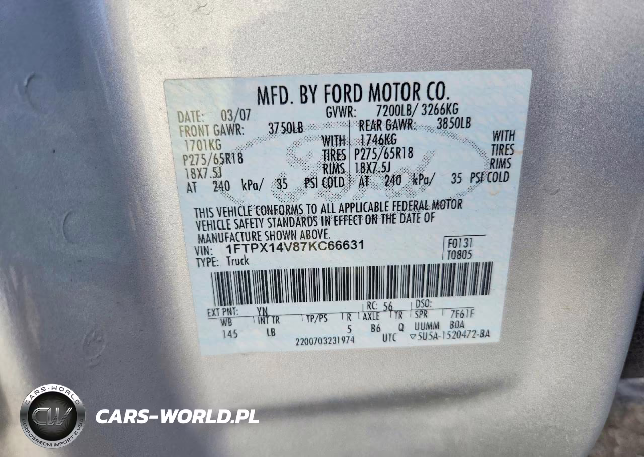 2007 Ford F150 VIN:1FTPX14V87KC66631 - 12