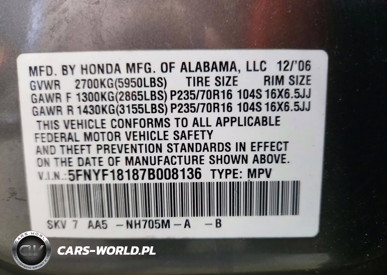 2007 Honda Pilot Lx VIN:5FNYF18187B008136 - 13