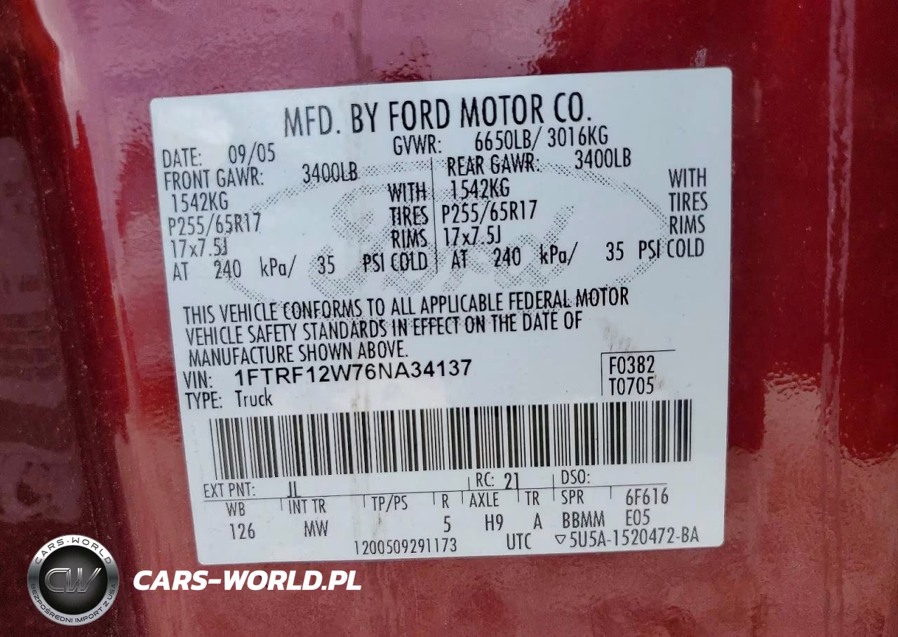 2006 Ford F150 VIN:1FTRF12W76NA34137 - 12