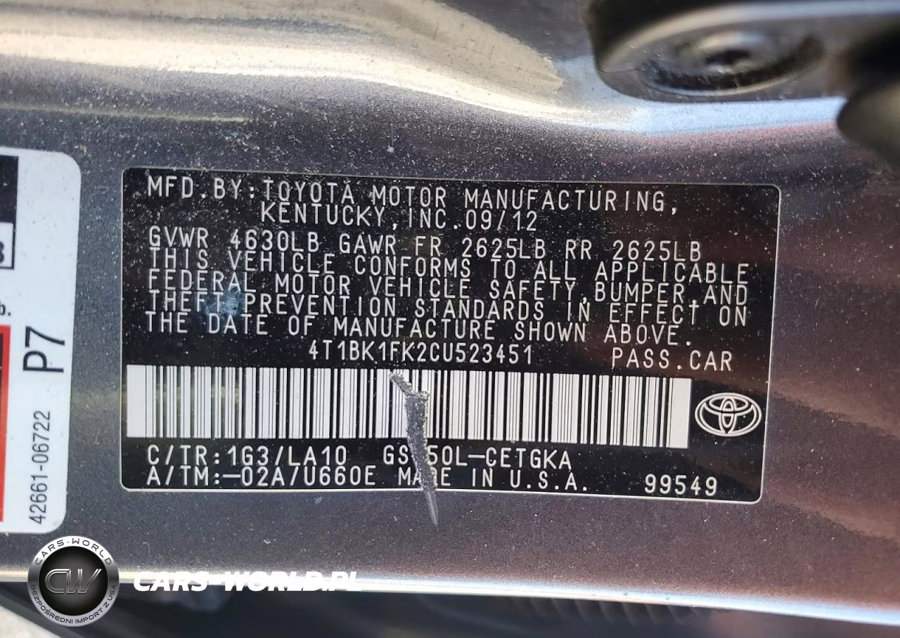 2012 Toyota Camry Xle V6 VIN:4T1BK1FK2CU523451 - 13