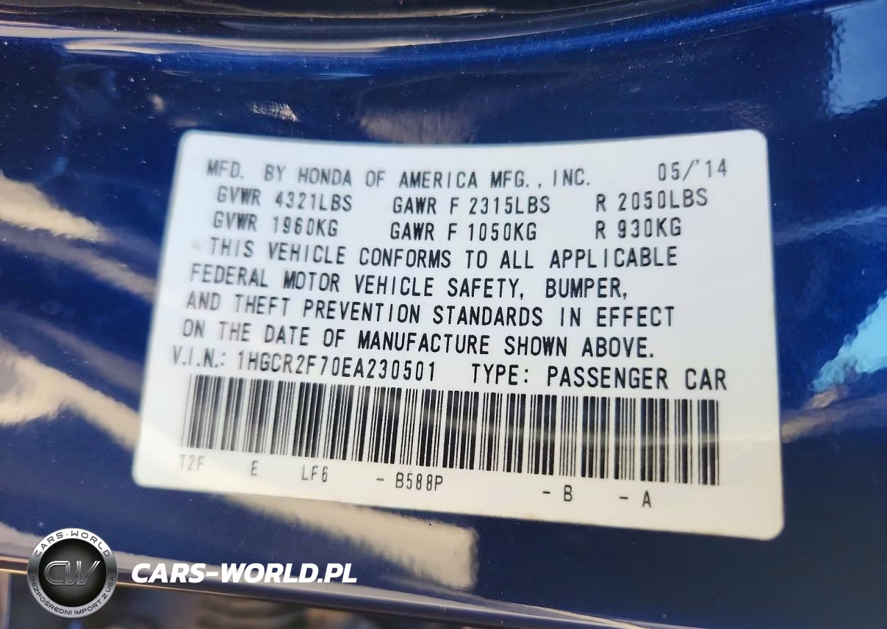 2014 Honda Accord Ex VIN:1HGCR2F70EA230501 - 12