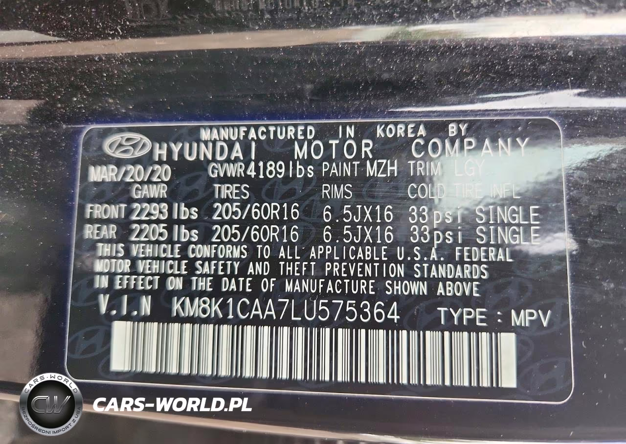 2020 Hyundai Kona Se VIN:KM8K1CAA7LU575364 - 12