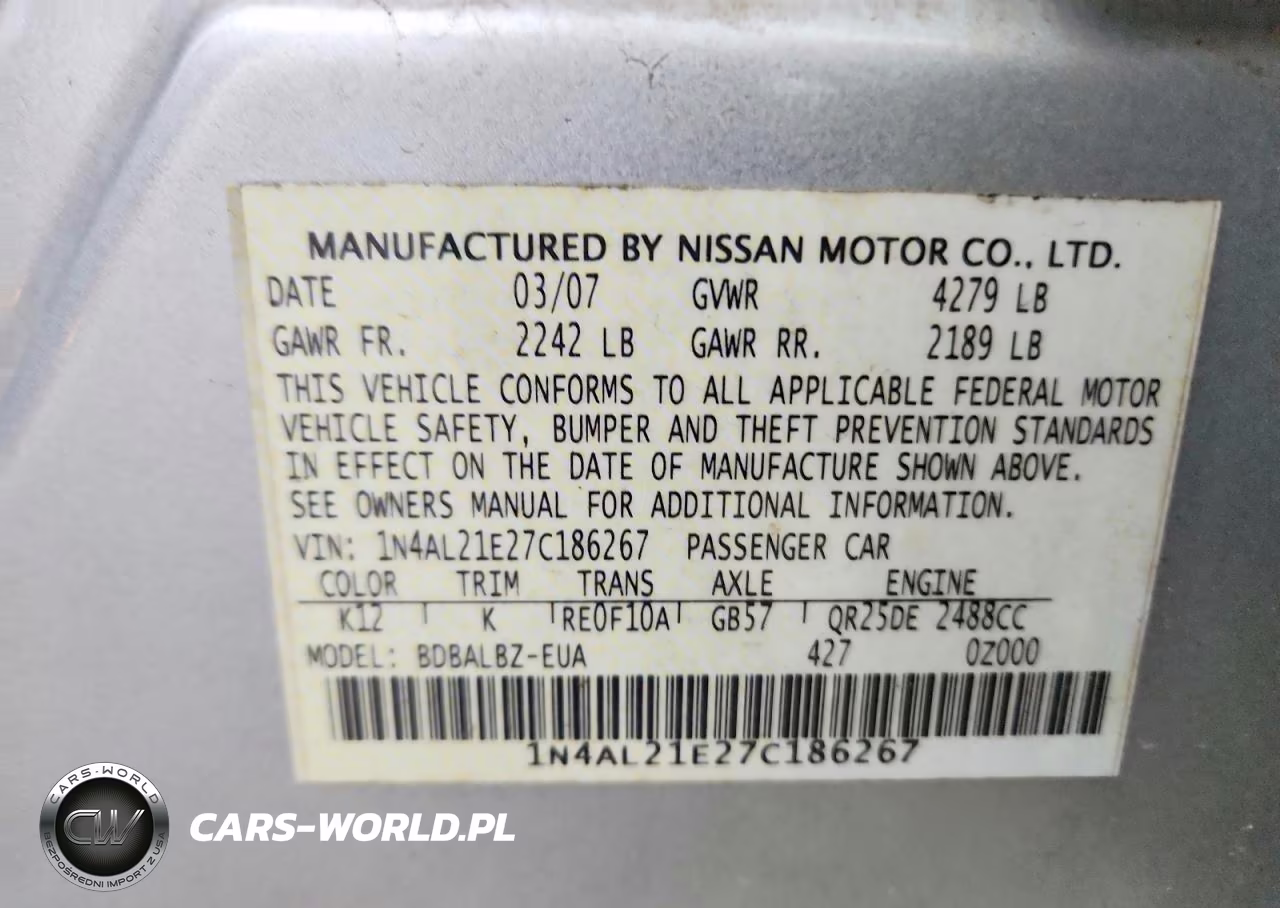 2007 Nissan Altima 2.5 VIN:1N4AL21E27C186267 - 12