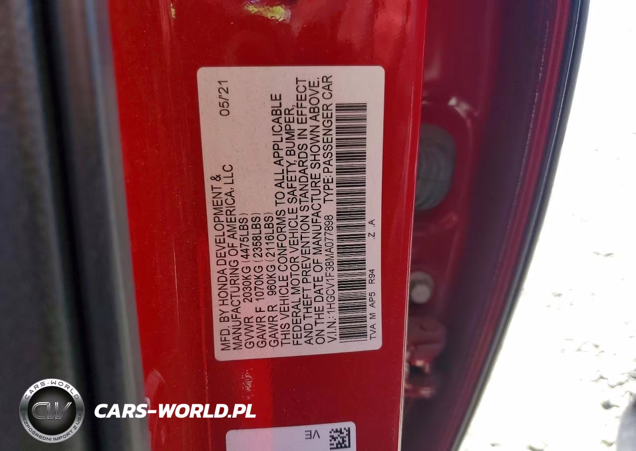 2021 Honda Accord Sport VIN:1HGCV1F38MA077898 - 12