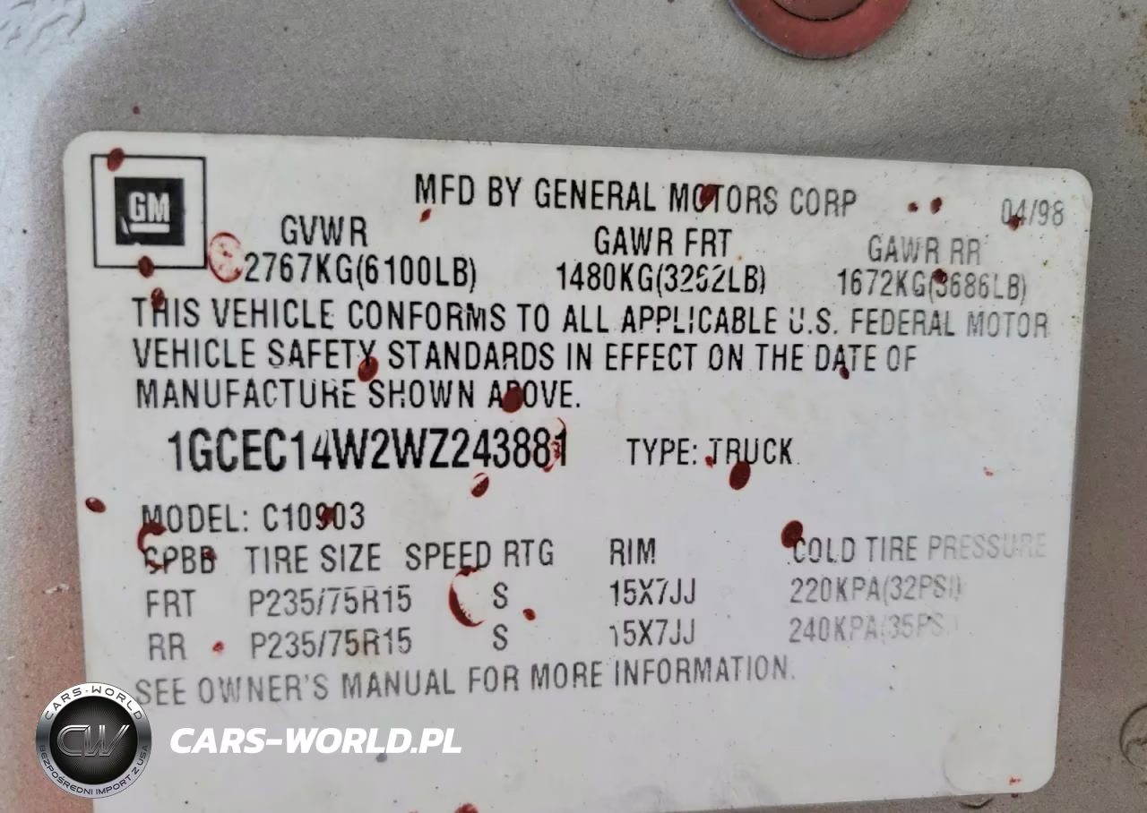 1998 Chevrolet Gmt-400 C1500 VIN:1GCEC14W2WZ243881 - 12