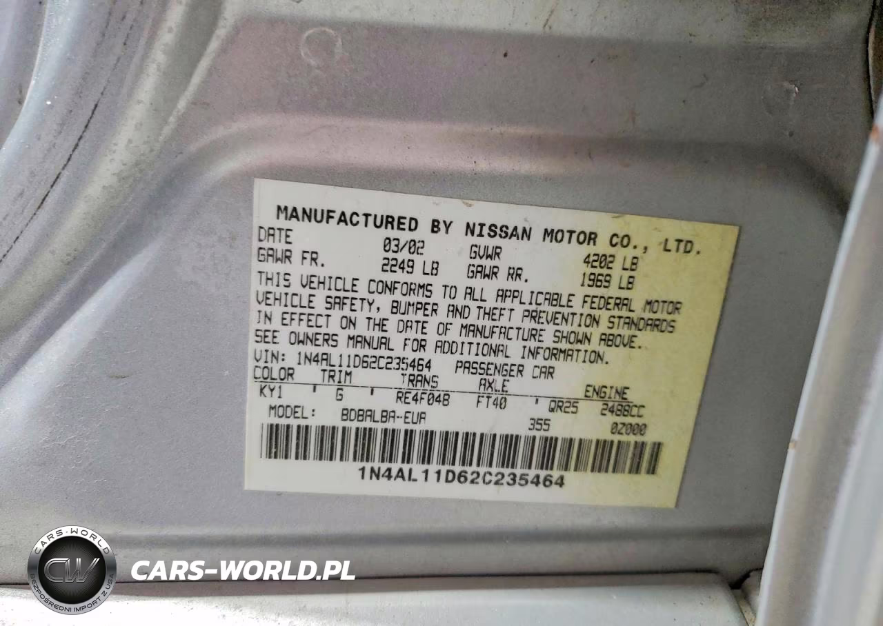 2002 Nissan Altima 2.5 VIN:1N4AL11D62C235464 - 12