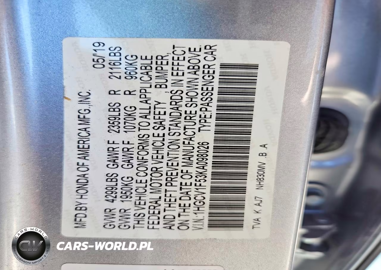 2019 Honda Accord Exl VIN:1HGCV1F53KA098026 - 12