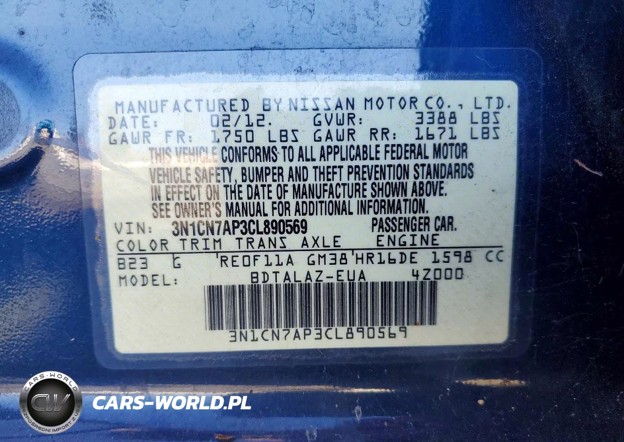 2012 Nissan Versa 1.6 S VIN:3N1CN7AP3CL890569 - 12