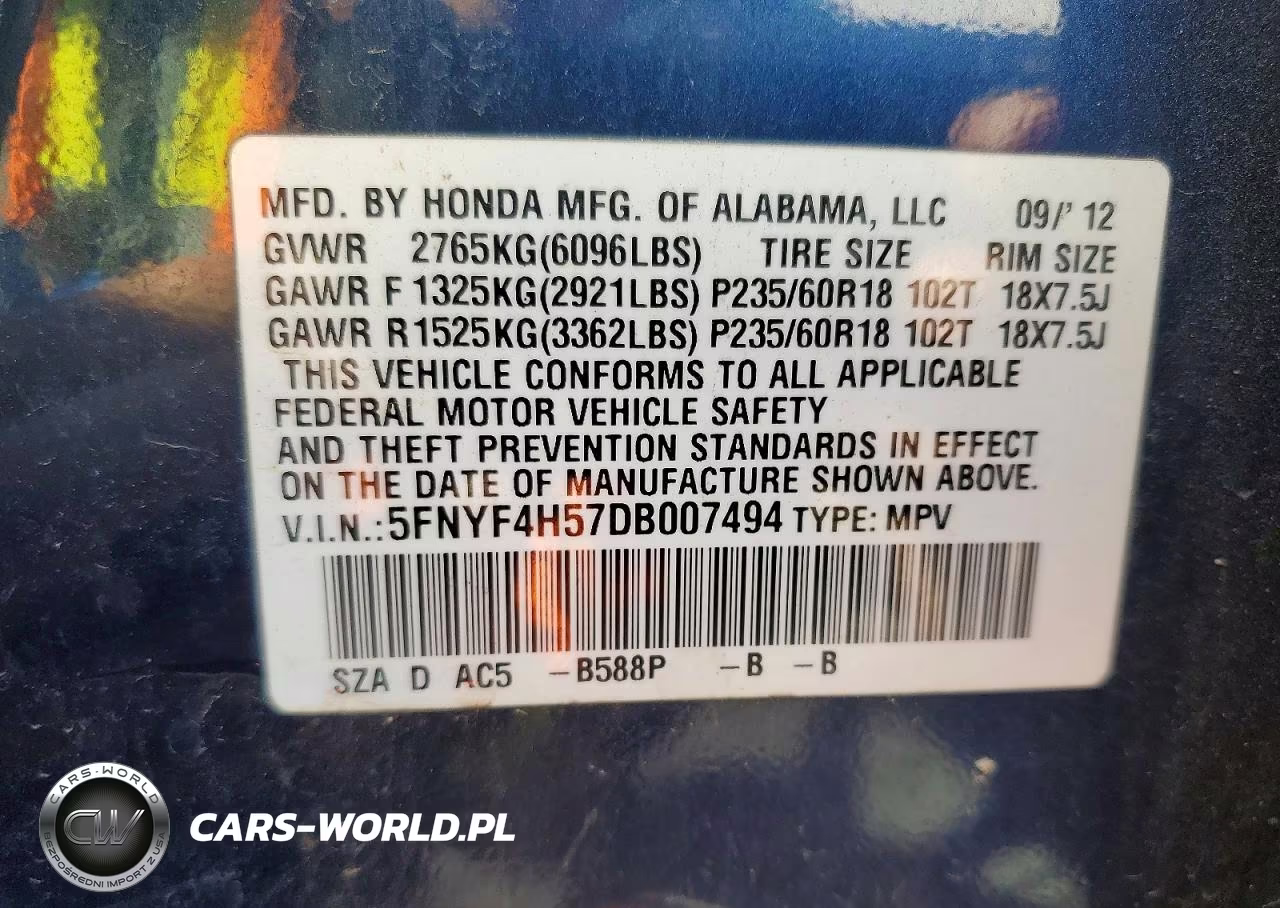 2013 Honda Pilot Exl VIN:5FNYF4H57DB007494 - 13