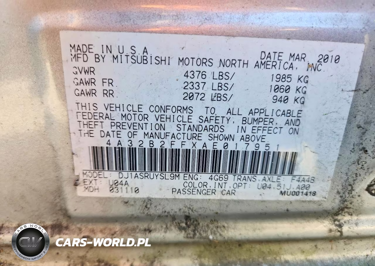 2010 Mitsubishi Galant Fe VIN:4A32B2FFXAE017951 - 12