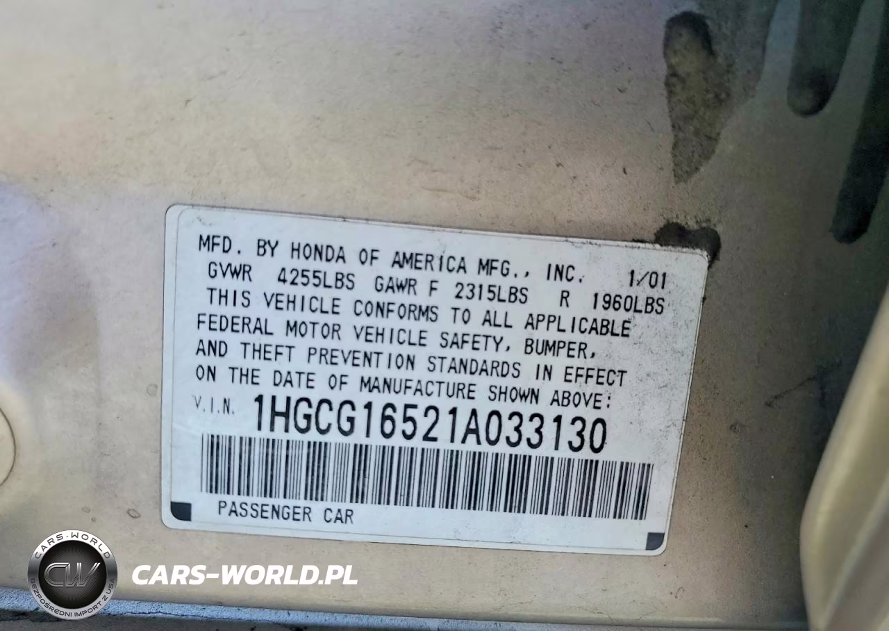 2001 Honda Accord Ex VIN:1HGCG16521A033130 - 12