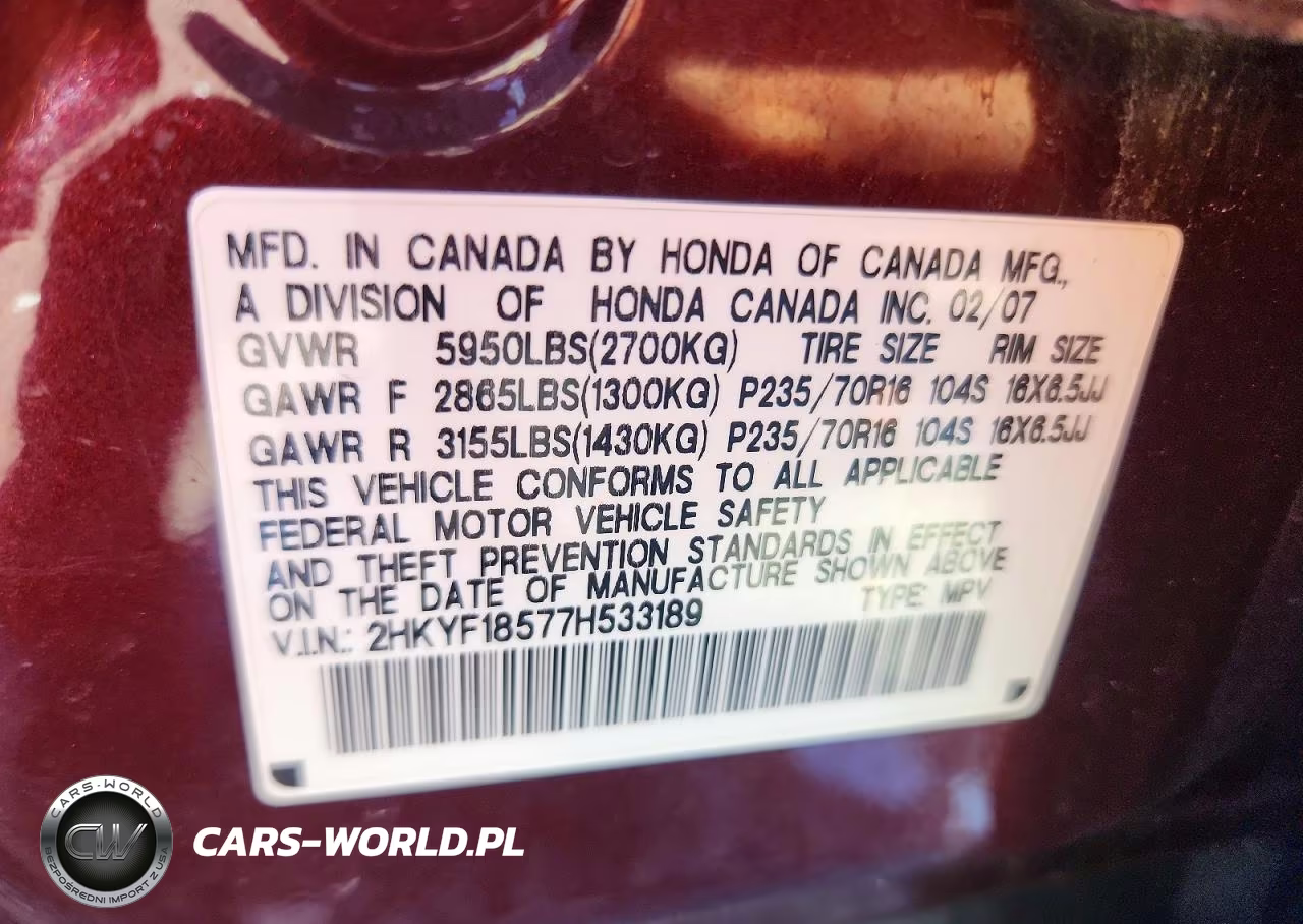 2007 Honda Pilot Exl VIN:2HKYF18577H533189 - 13