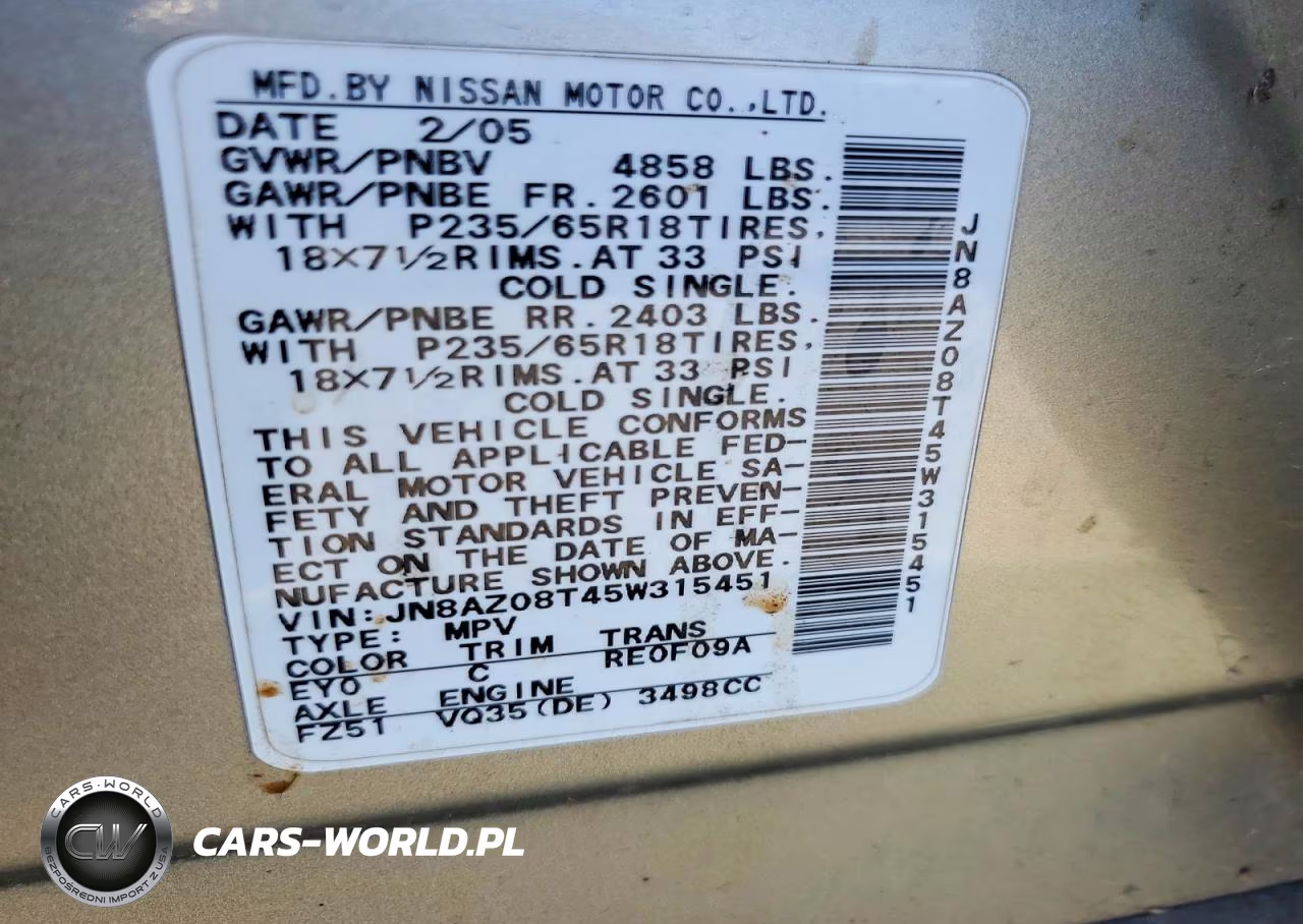 2005 Nissan Murano S VIN:JN8AZ08T45W315451 - 13