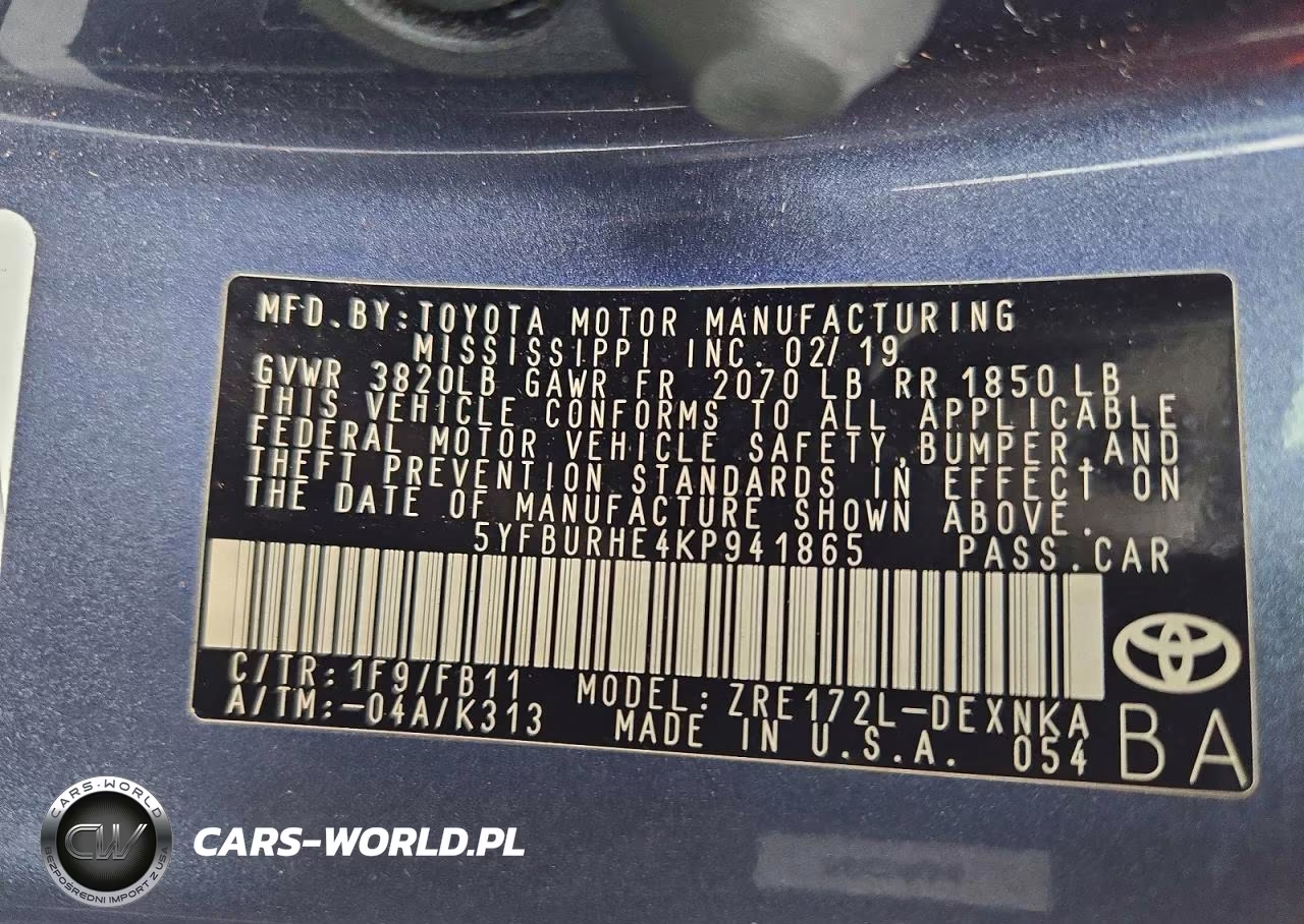 2019 Toyota Corolla Le VIN:5YFBURHE4KP941865 - 12