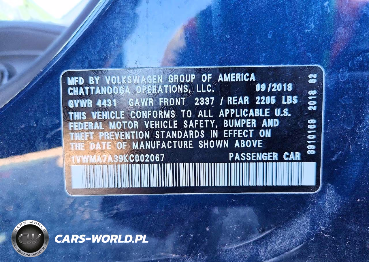 2019 Volkswagen Passat Se R-Line VIN:1VWMA7A39KC002067 - 12