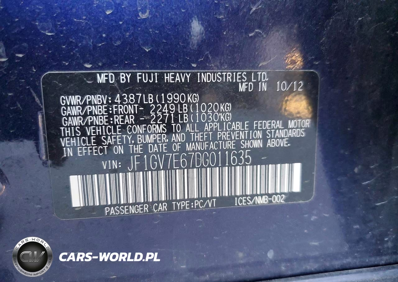 2013 Subaru Impreza Wrx VIN:JF1GV7E67DG011635 - 12