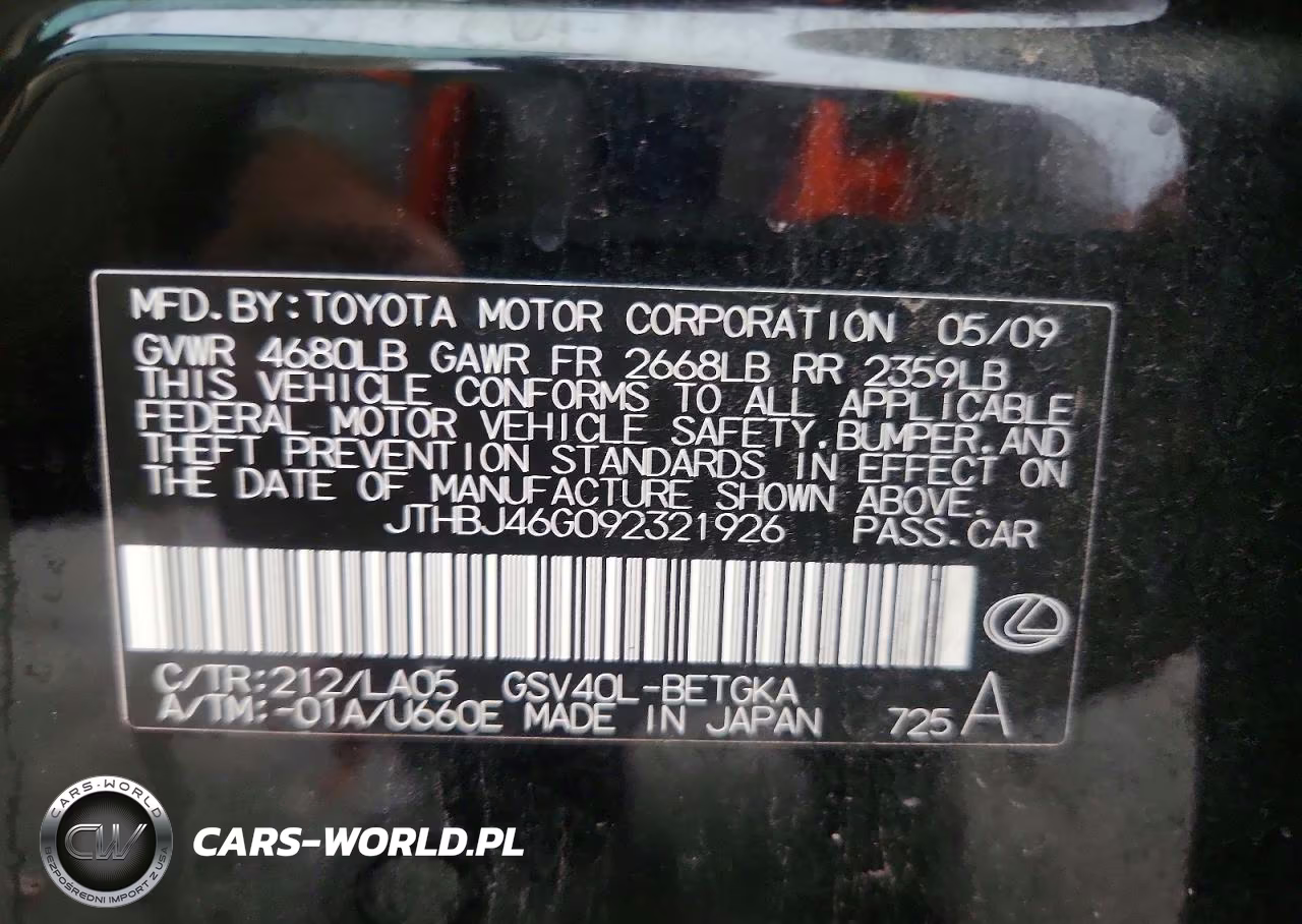 2009 Lexus Es 350 VIN:JTHBJ46G092321926 - 12