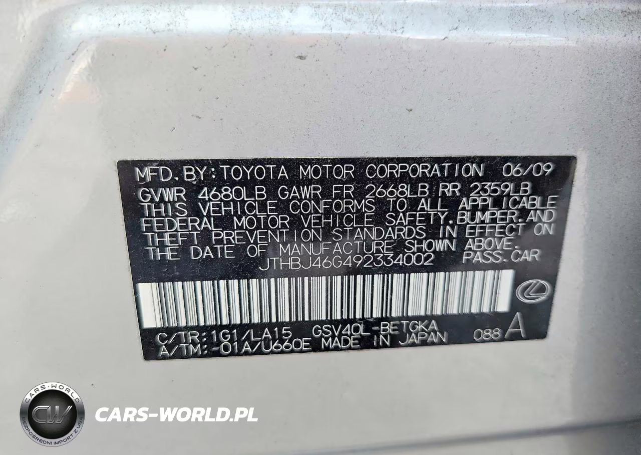 2009 Lexus Es 350 VIN:JTHBJ46G492334002 - 13