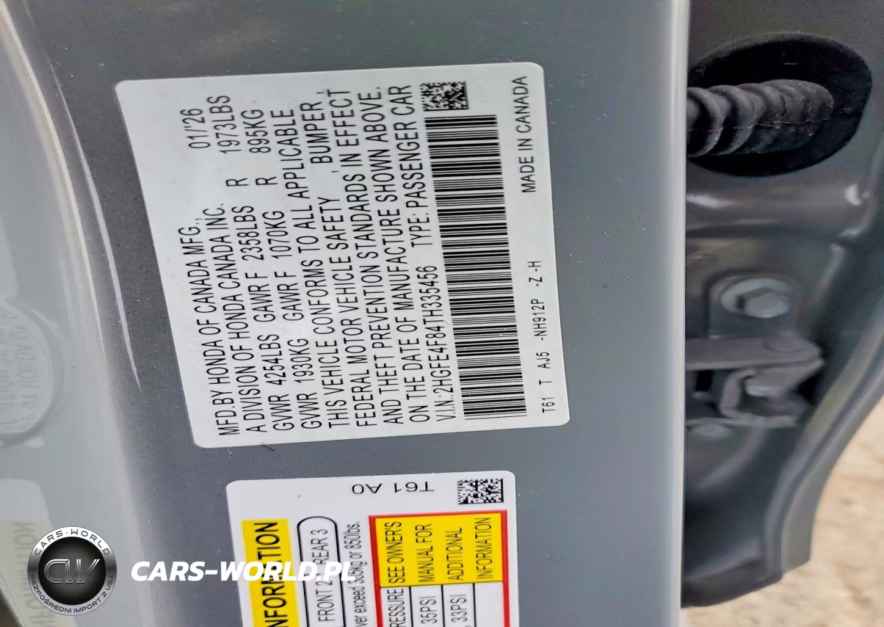 2026 Honda Civic Sport VIN:2HGFE4F84TH335456 - 12