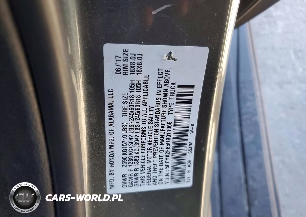 2017 Honda Ridgeline Rtl VIN:5FPYK2F65HB011066 - 12
