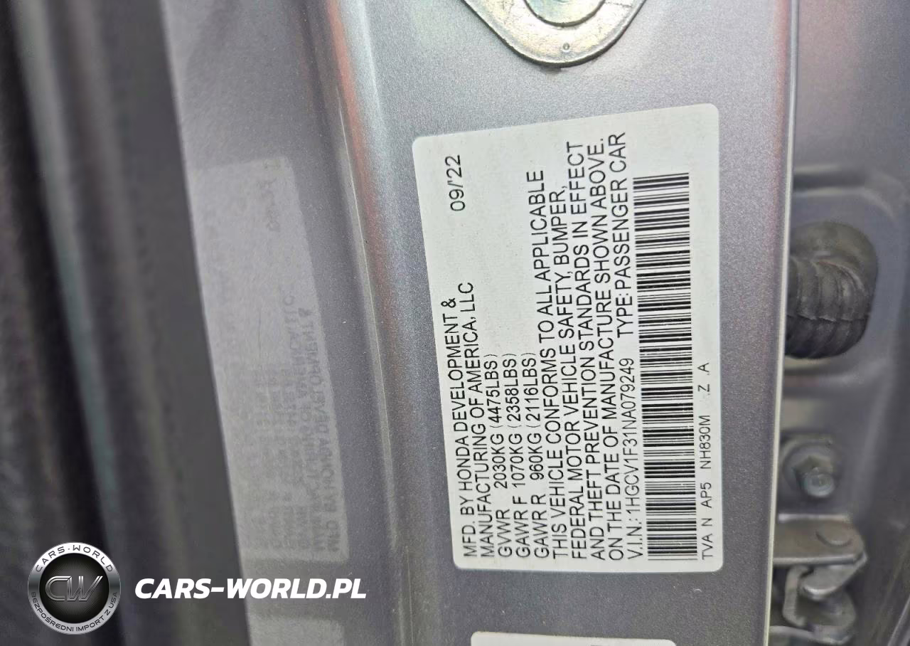 2022 Honda Accord Sport VIN:1HGCV1F31NA079249 - 12