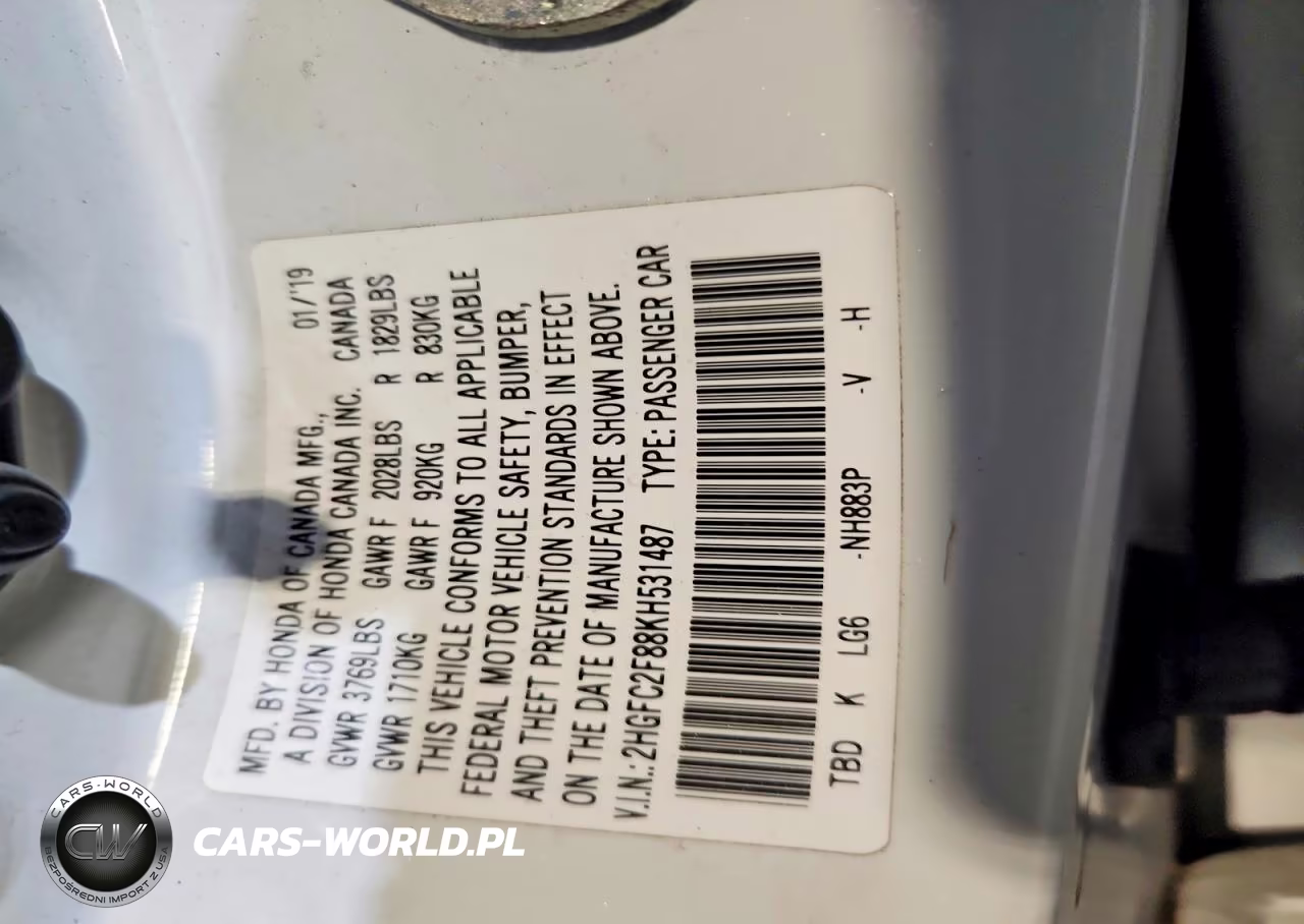 2019 Honda Civic Sport VIN:2HGFC2F88KH531487 - 13