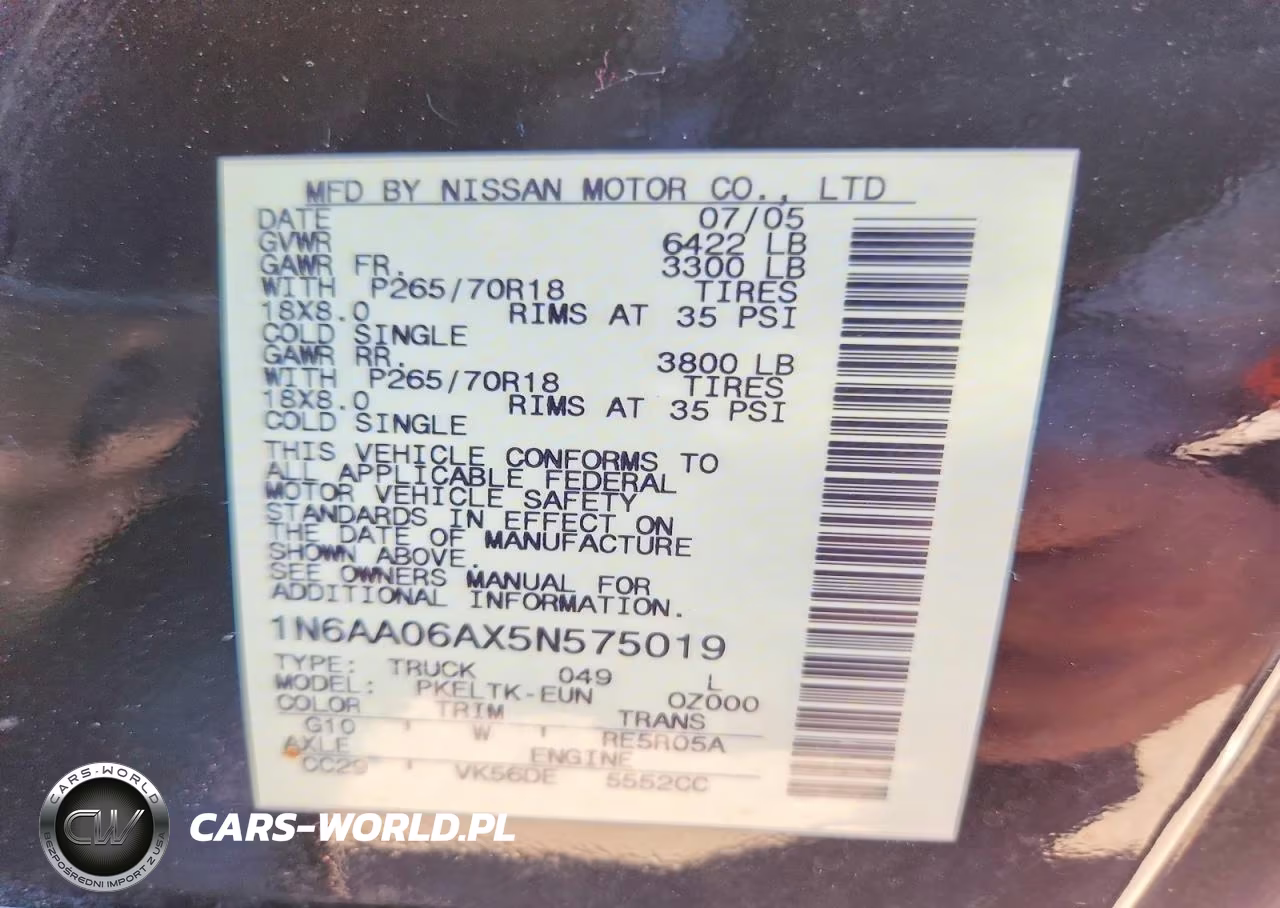 2005 Nissan Titan Xe VIN:1N6AA06AX5N575019 - 12