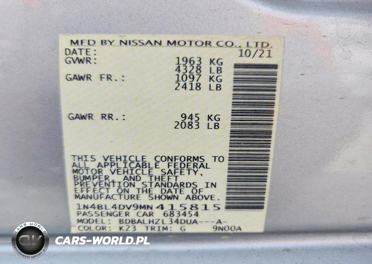 2021 Nissan Altima Sv VIN:1N4BL4DV9MN415815 - 12