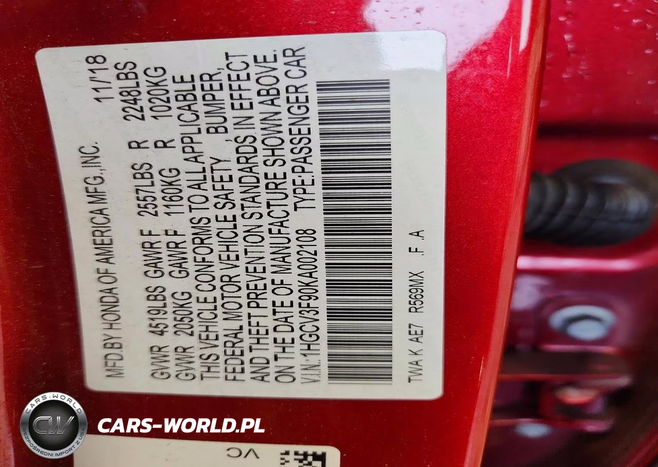 2019 Honda Accord Touring Hybrid VIN:1HGCV3F90KA002108 - 12