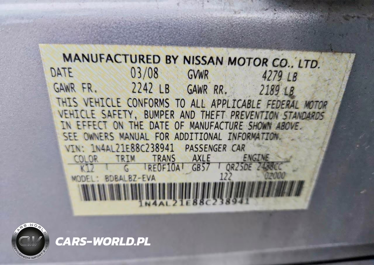 2008 Nissan Altima 2.5 VIN:1N4AL21E88C238941 - 12