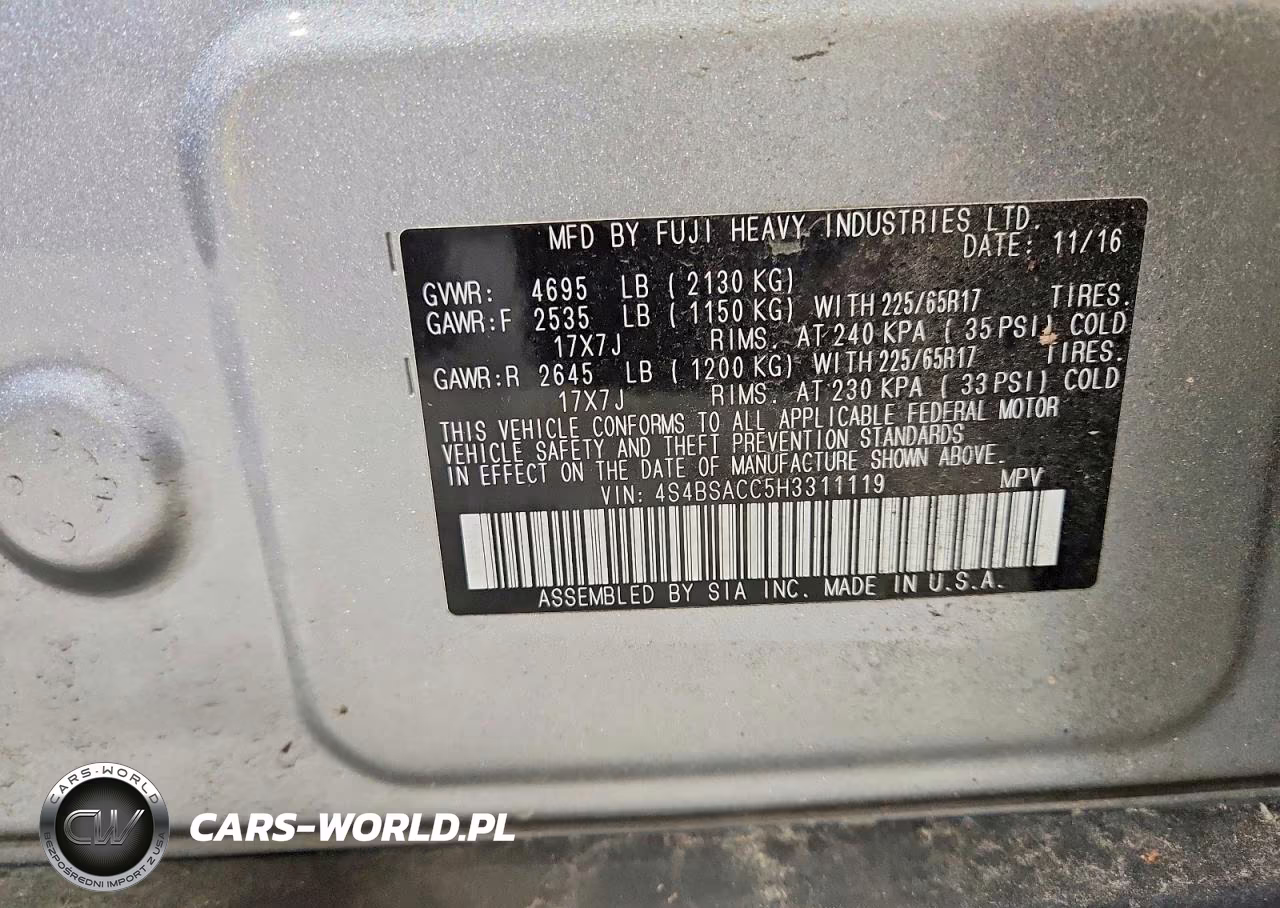2017 Subaru Outback 2.5I Premium VIN:4S4BSACC5H3311119 - 14