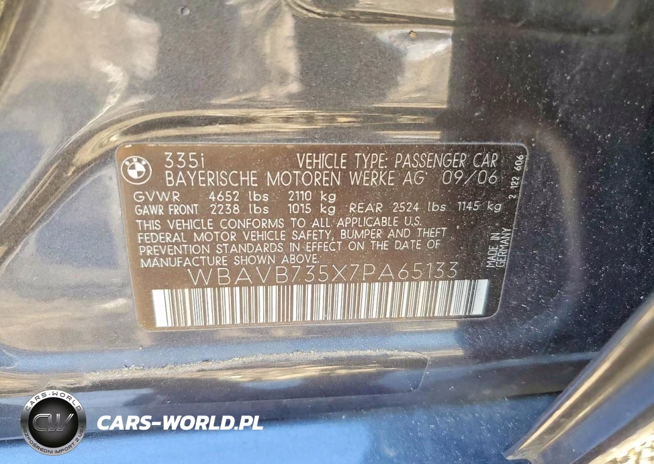 2007 BMW 335 I VIN:WBAVB735X7PA65133 - 12