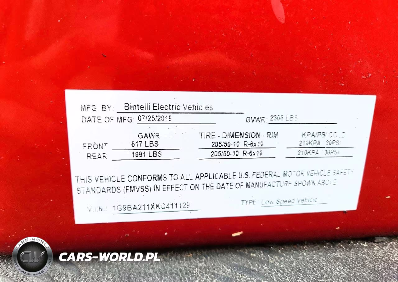 2018 Bintelli Golf Cart VIN:1G9BA211XKC411129 - 10
