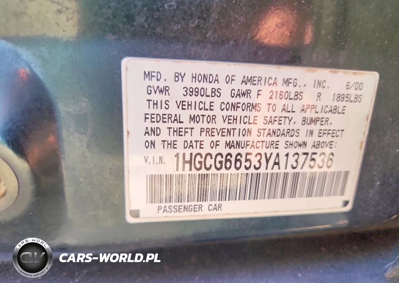 2000 Honda Accord Lx VIN:1HGCG6653YA137536 - 12