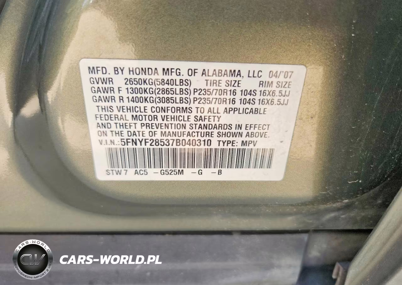 2007 Honda Pilot Exl VIN:5FNYF28537B040310 - 13