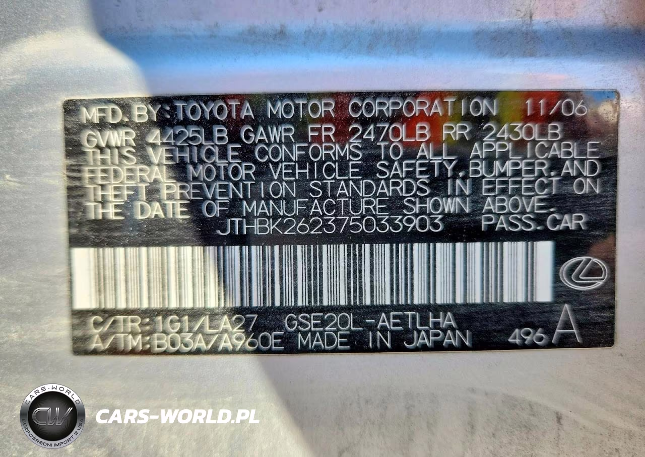 2007 Lexus Is 250 Base VIN:JTHBK262375033903 - 12