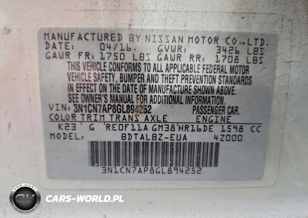 2016 Nissan Versa 1.6 Sv VIN:3N1CN7AP8GL894252 - 12