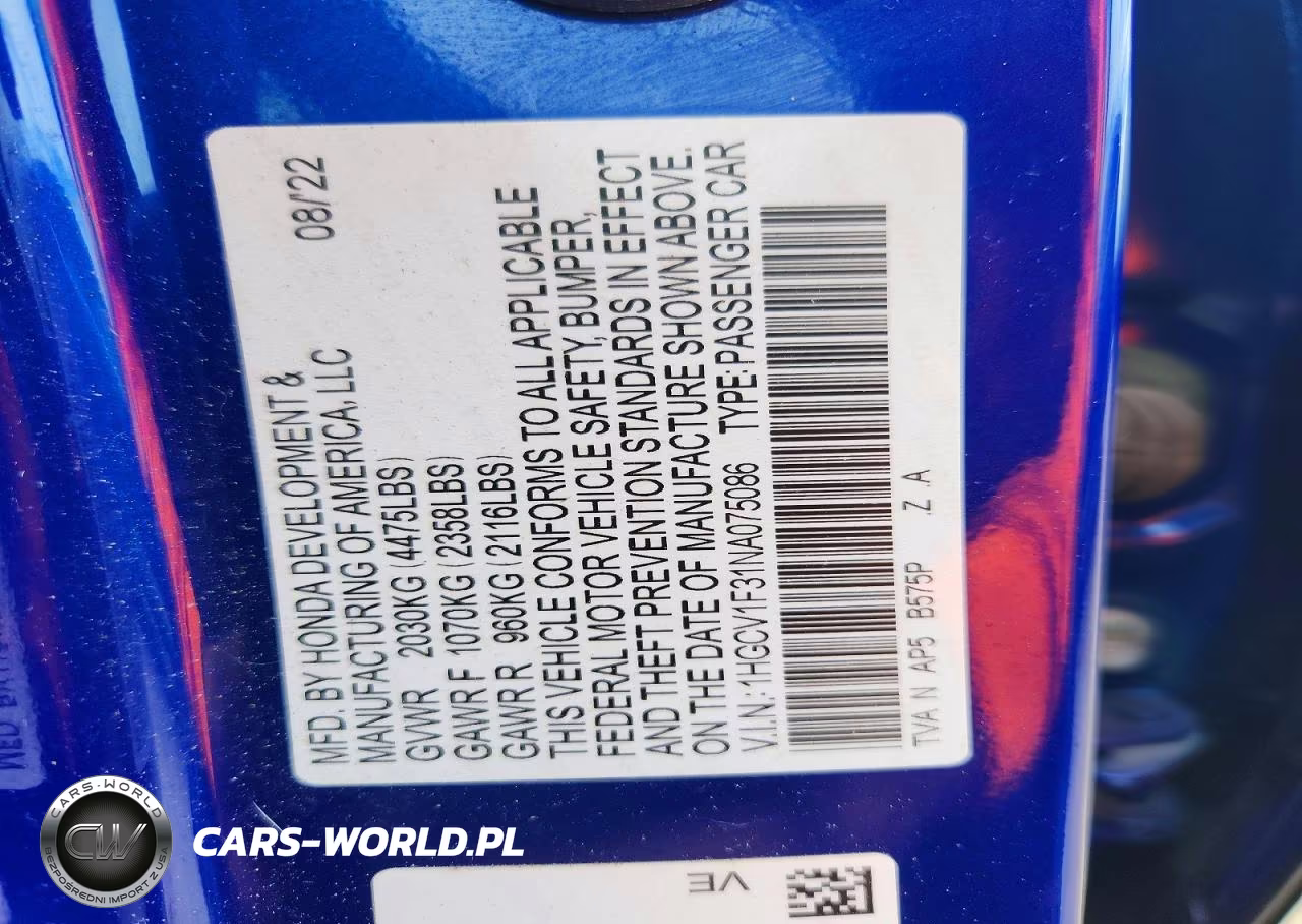 2022 Honda Accord Sport VIN:1HGCV1F31NA075086 - 12