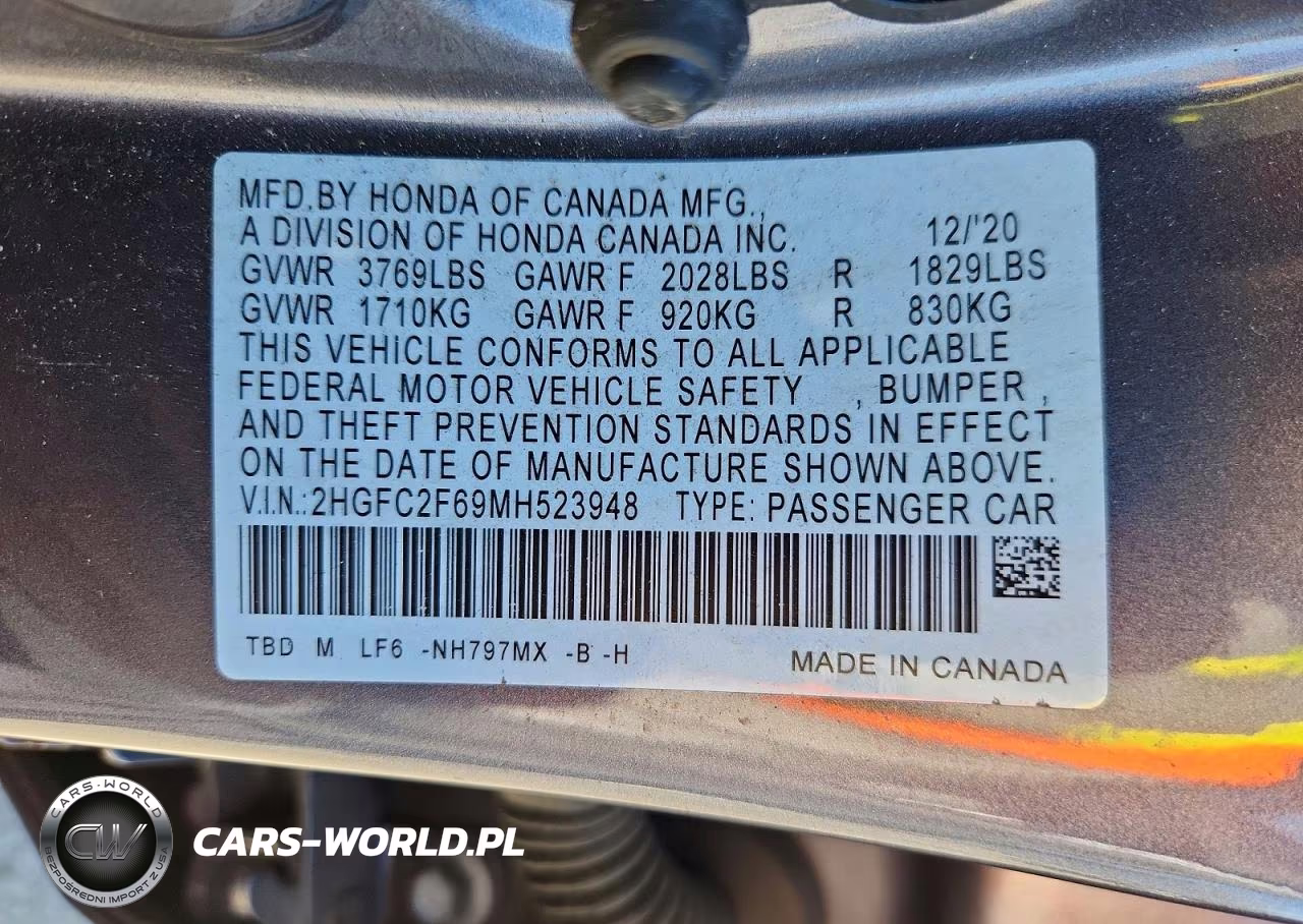 2021 Honda Civic Lx VIN:2HGFC2F69MH523948 - 12