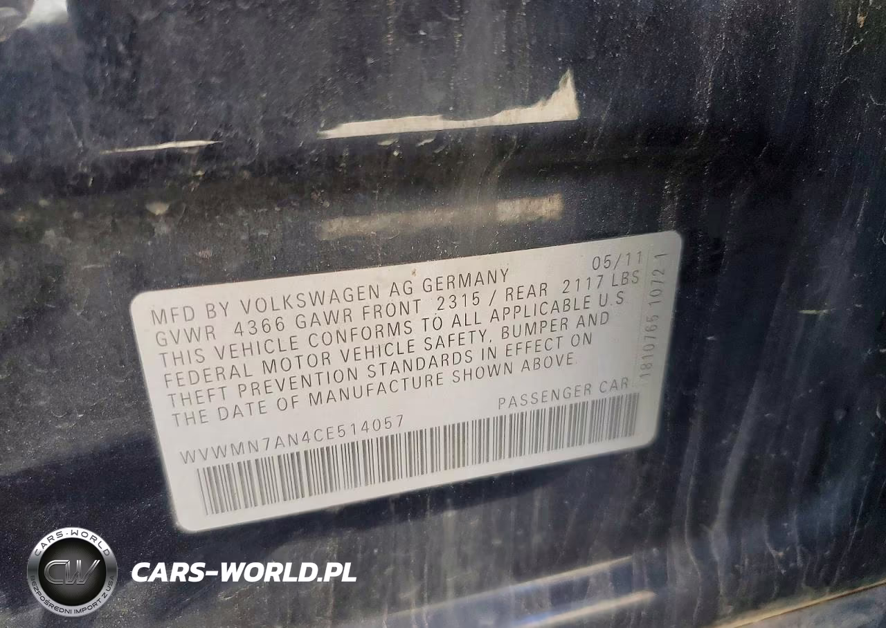2012 Volkswagen Cc Sport VIN:WVWMN7AN4CE514057 - 12