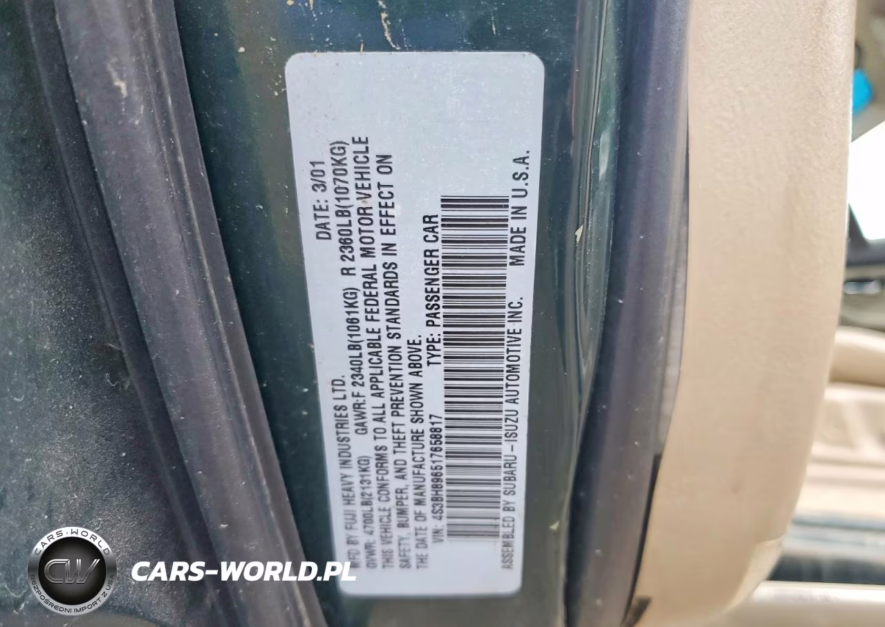 2001 Subaru Legacy Outback H6 3.0 Vdc VIN:4S3BH896517658817 - 13