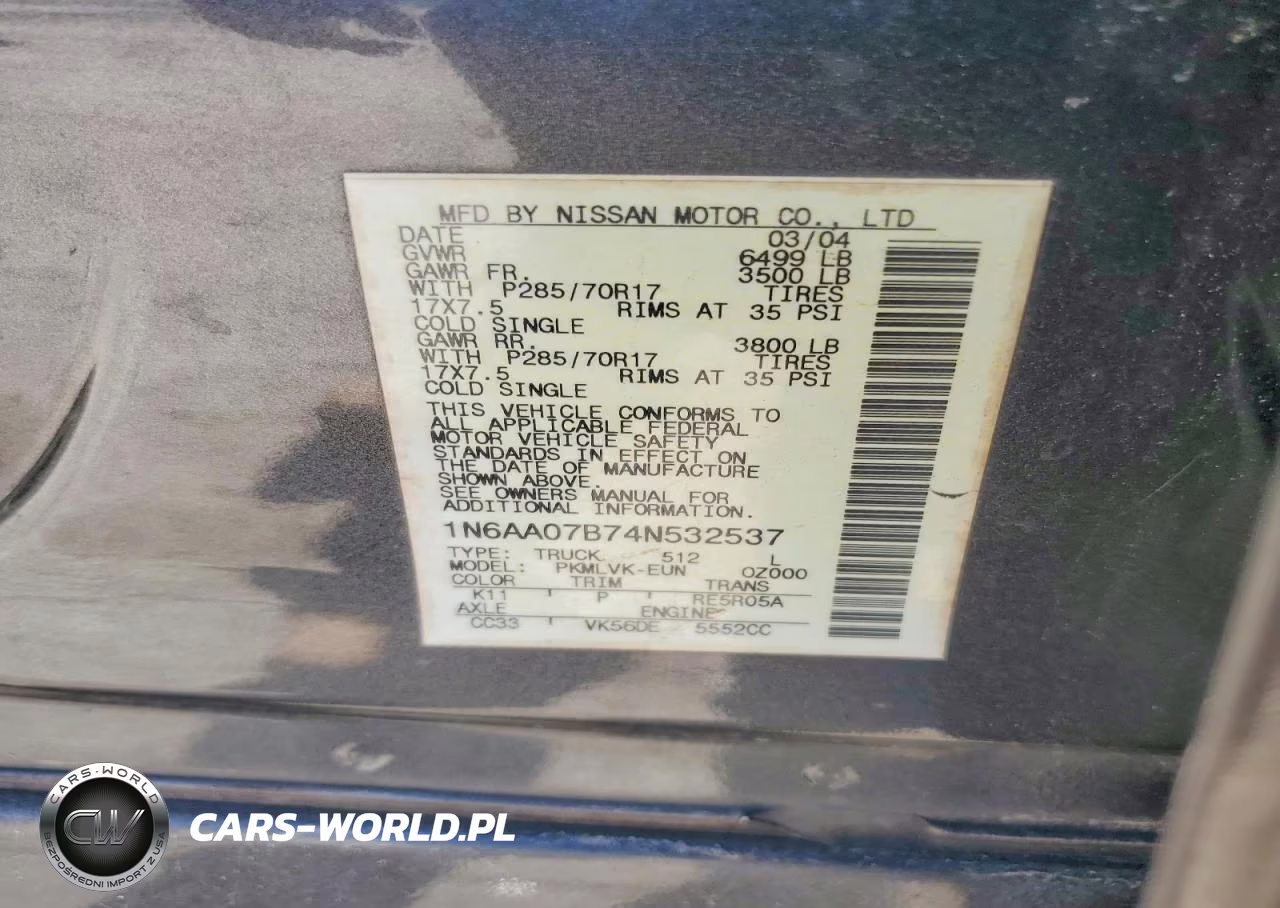 2004 Nissan Titan Xe VIN:1N6AA07B74N532537 - 12