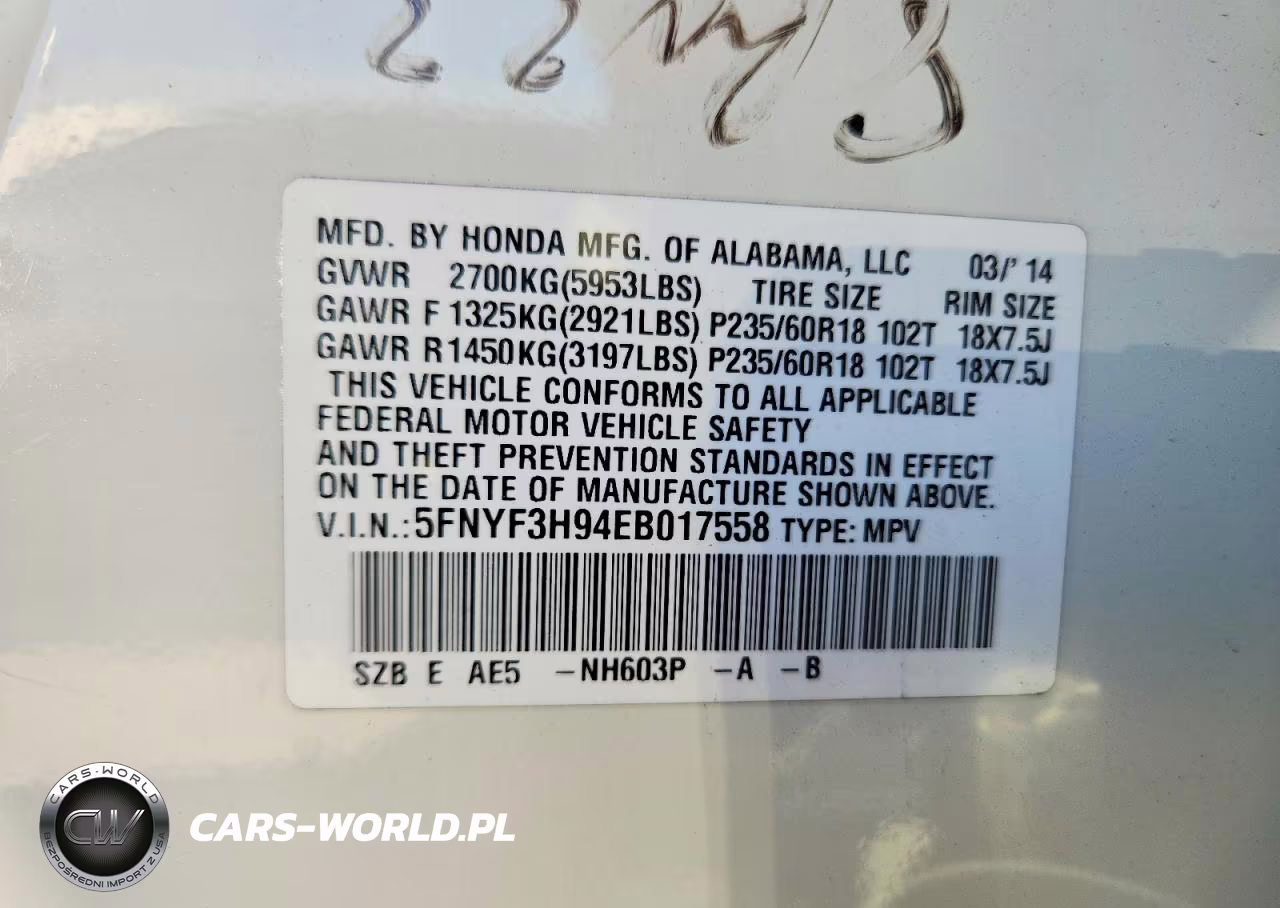 2014 Honda Pilot Touring VIN:5FNYF3H94EB017558 - 14