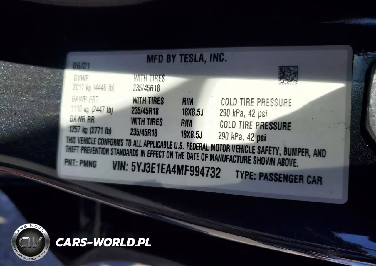 2021 Tesla Model 3 VIN:5YJ3E1EA4MF994732 - 12