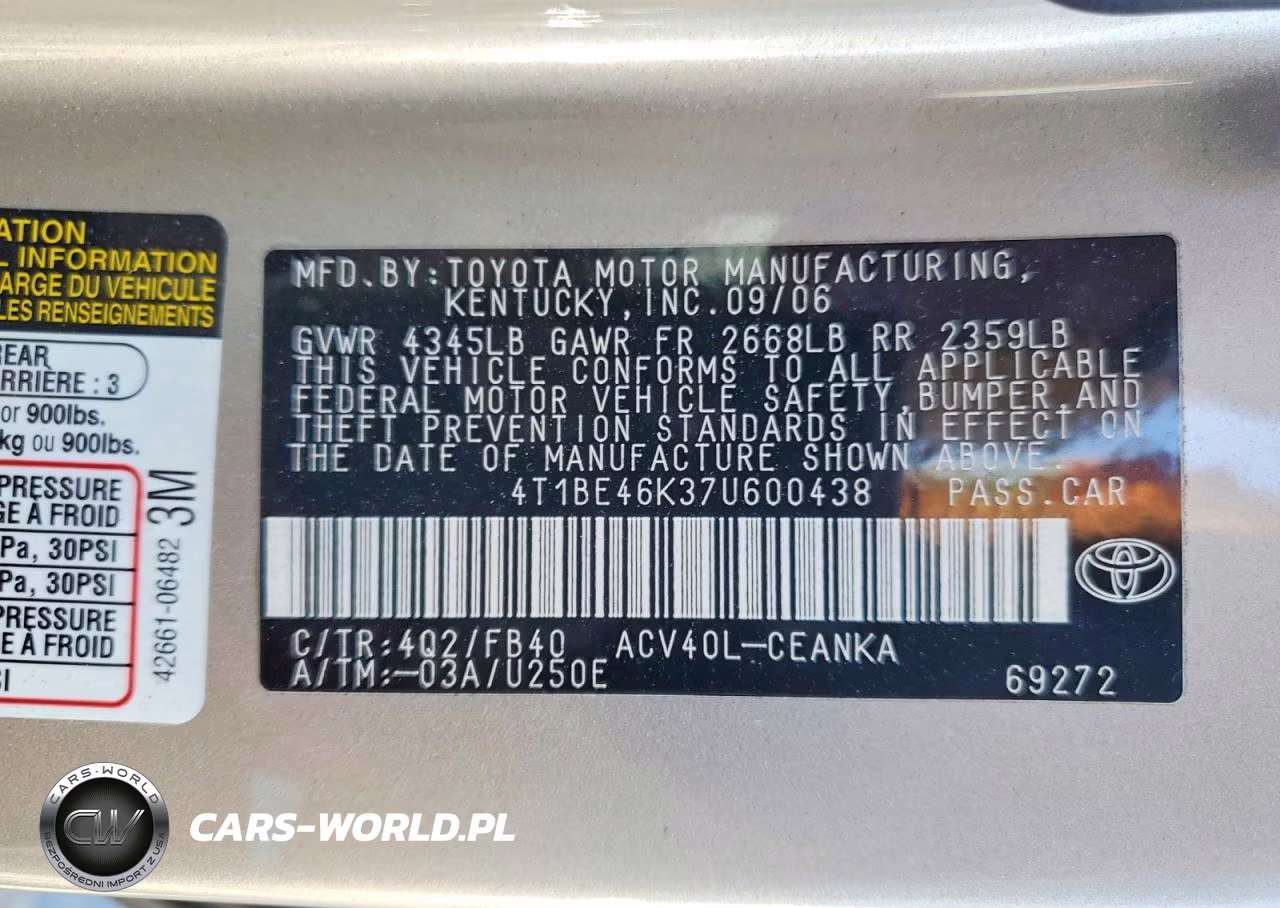 2007 Toyota Camry Le VIN:4T1BE46K37U600438 - 12
