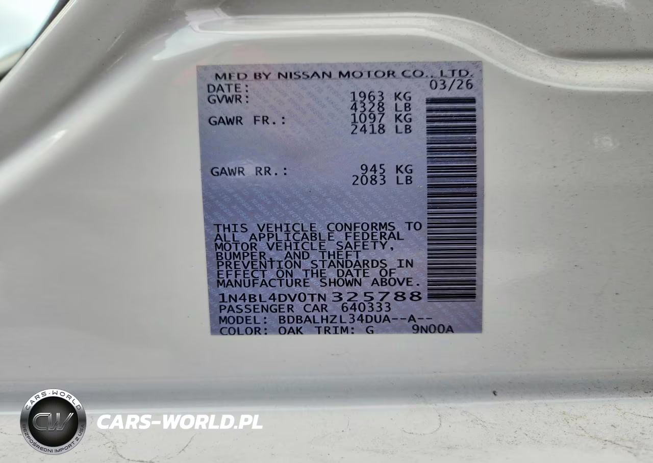 2026 Nissan Altima Sv VIN:1N4BL4DV0TN325788 - 12